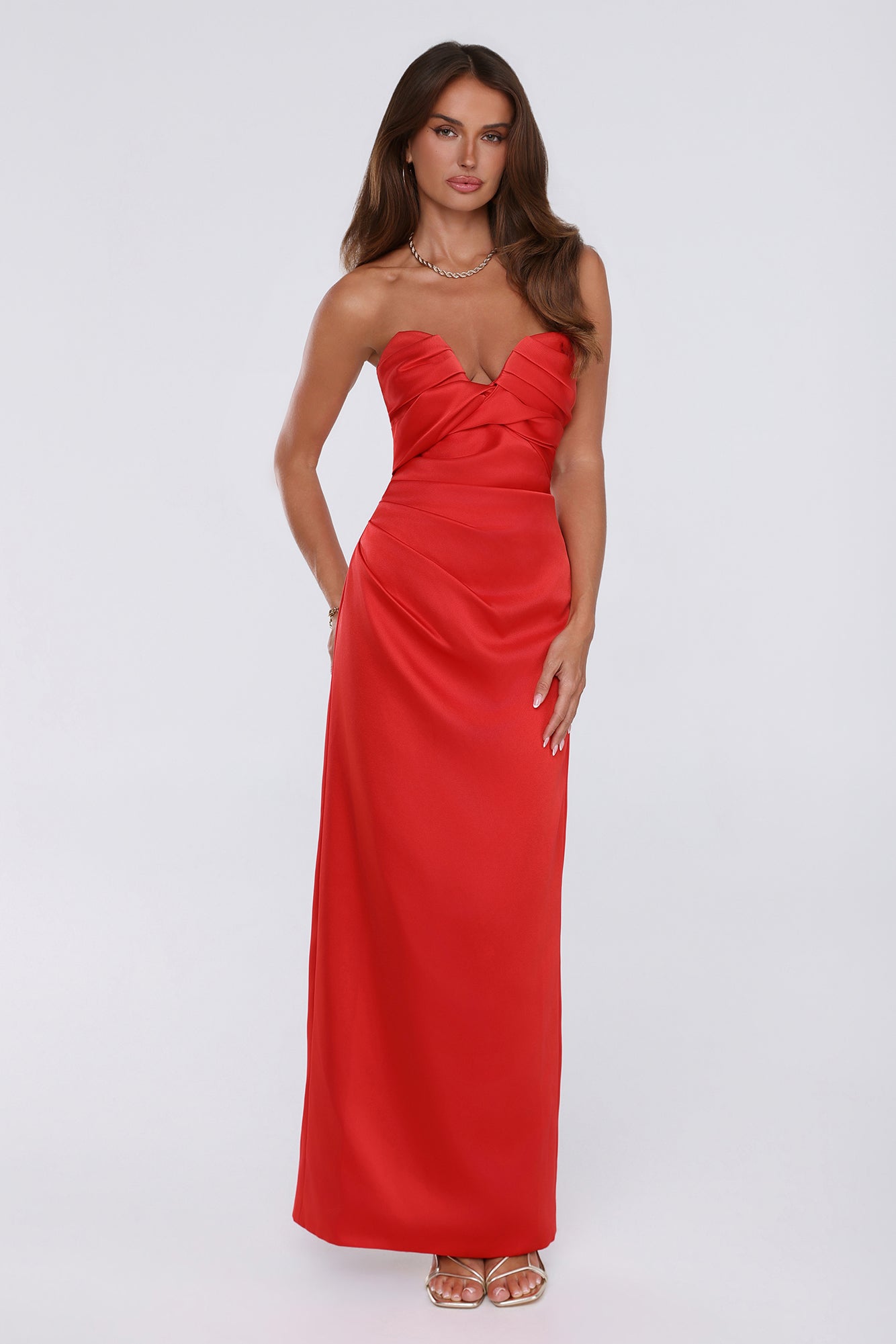 Style Obsession Satin Strapless Maxi Dress Red