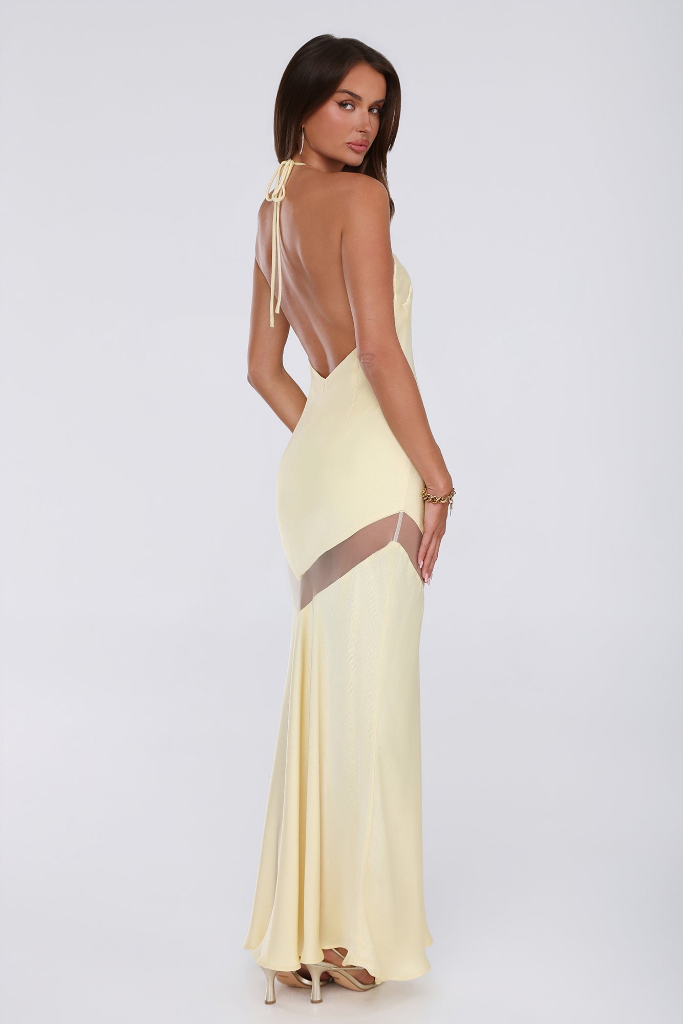 Glam Starlet Halter Satin Maxi Dress Lemon