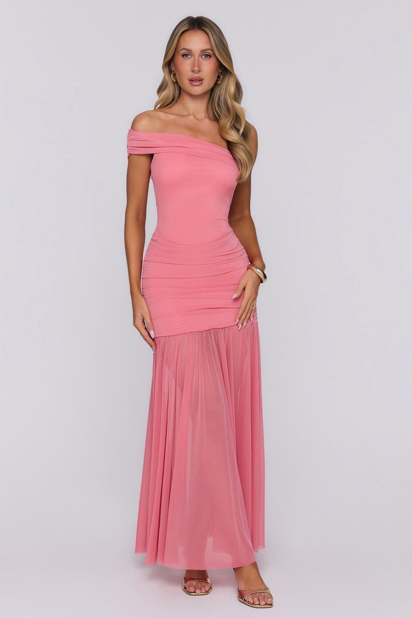 Moonlit Whisper One Shoulder Mesh Maxi Dress Pink