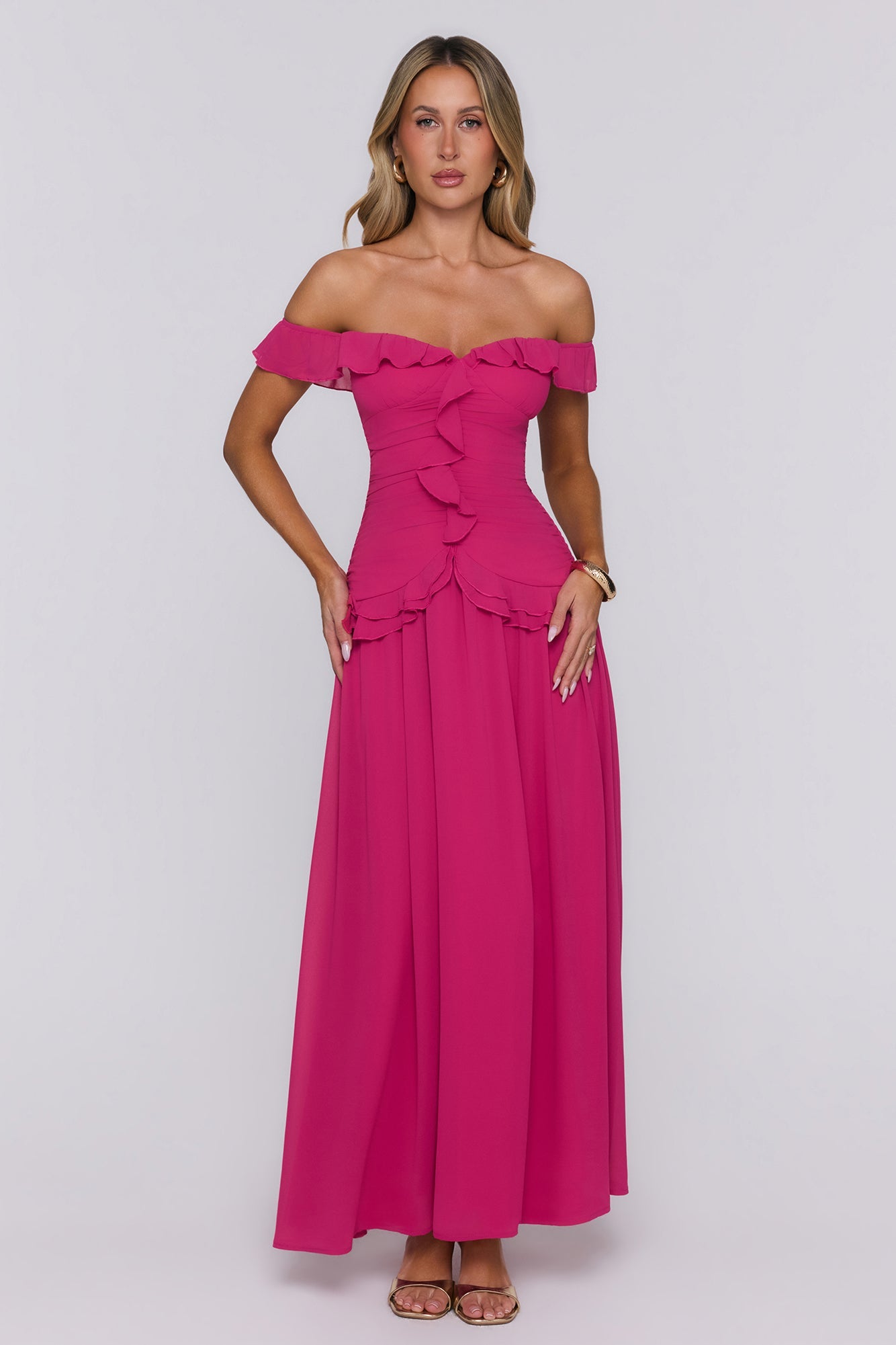Dewy Glow Off Shoulder Maxi Dress Magenta