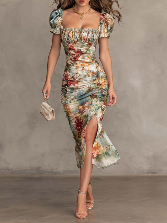 Carmen - Retro And Elegant Floral Ruched Square-Neck Midi Dress
