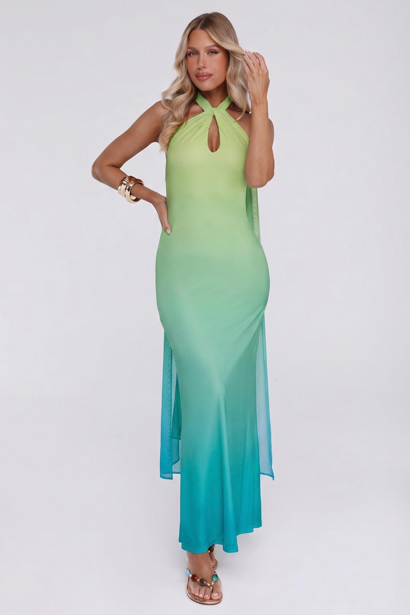 Softly Falling Mesh Halter Maxi Dress Aqua